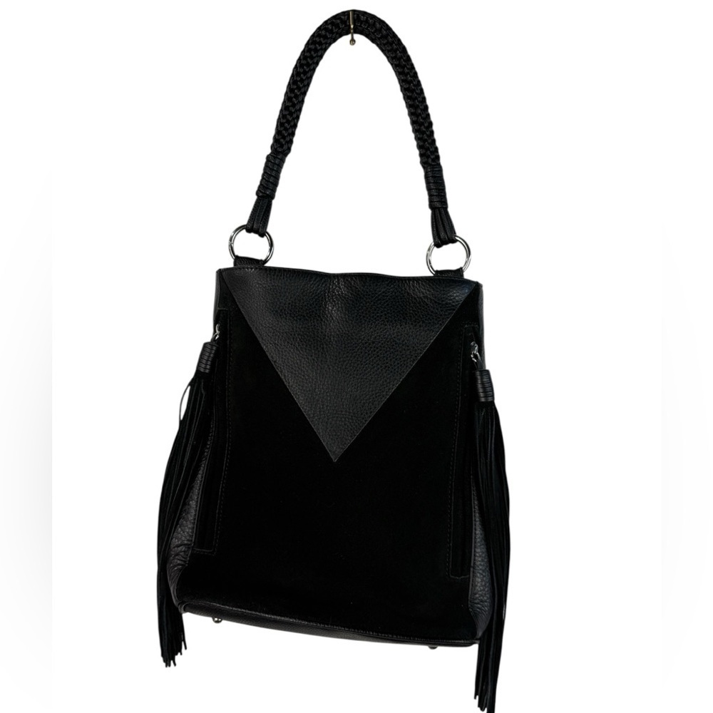 Sam Edelman Monica black fringe suede & leather bucket shoulder/crossbody purse